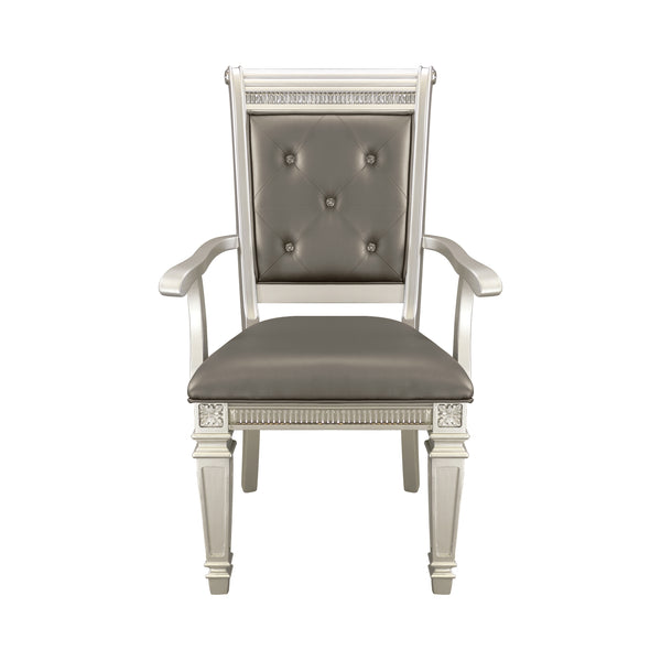 Modern Glam Silver Finish Dining Furniture Set of 2 Armchairs Gray Faux Leather Upholstered Wooden Dining Room Furniture