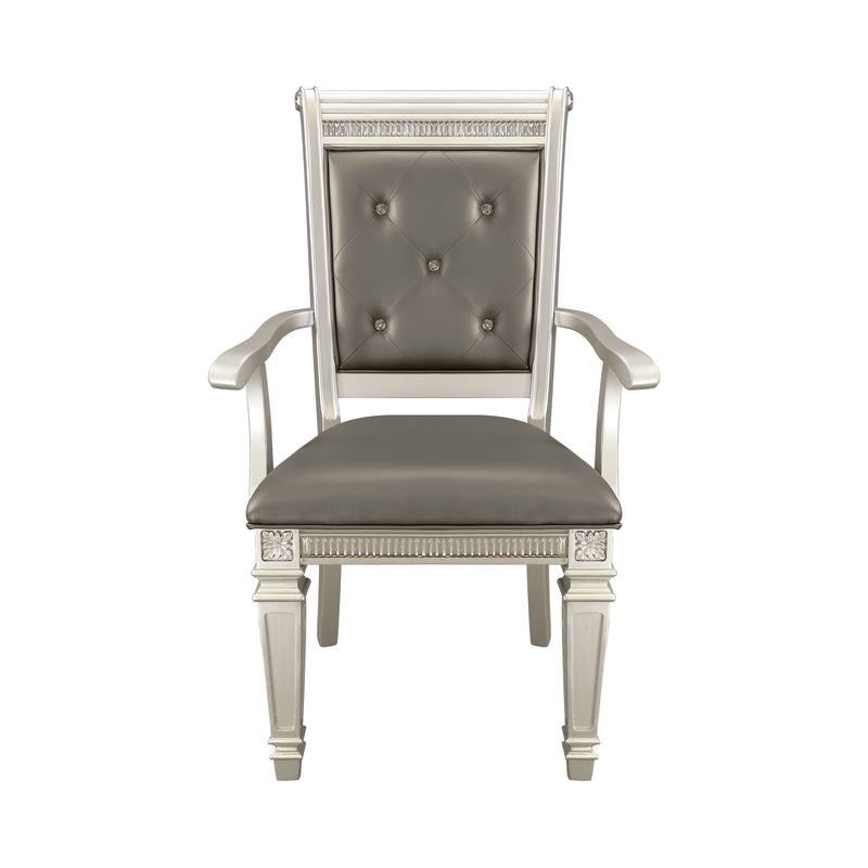 Modern Glam Silver Finish Dining Furniture Set of 2 Armchairs Gray Faux Leather Upholstered Wooden Dining Room Furniture