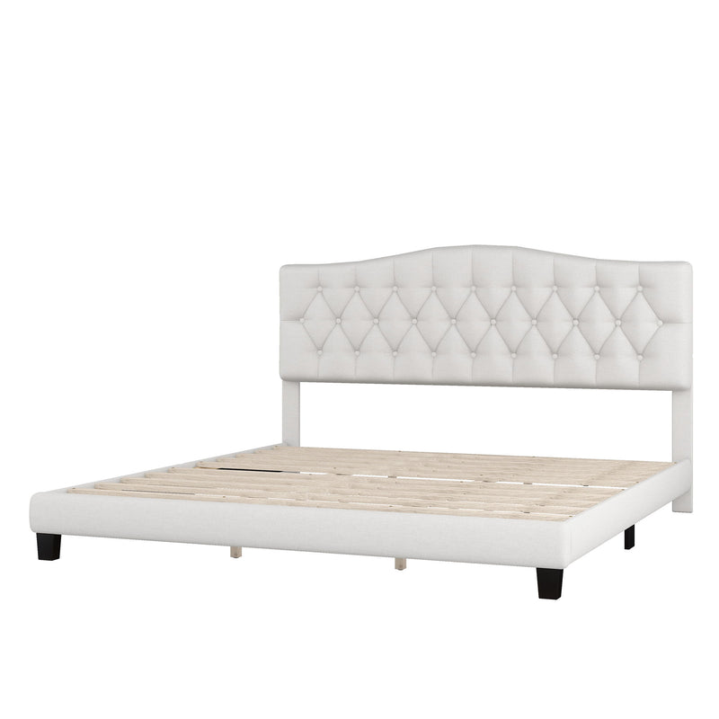 King Upholstered Platform Bed With Saddle Curved Headboard And Diamond Tufted Details - Beige