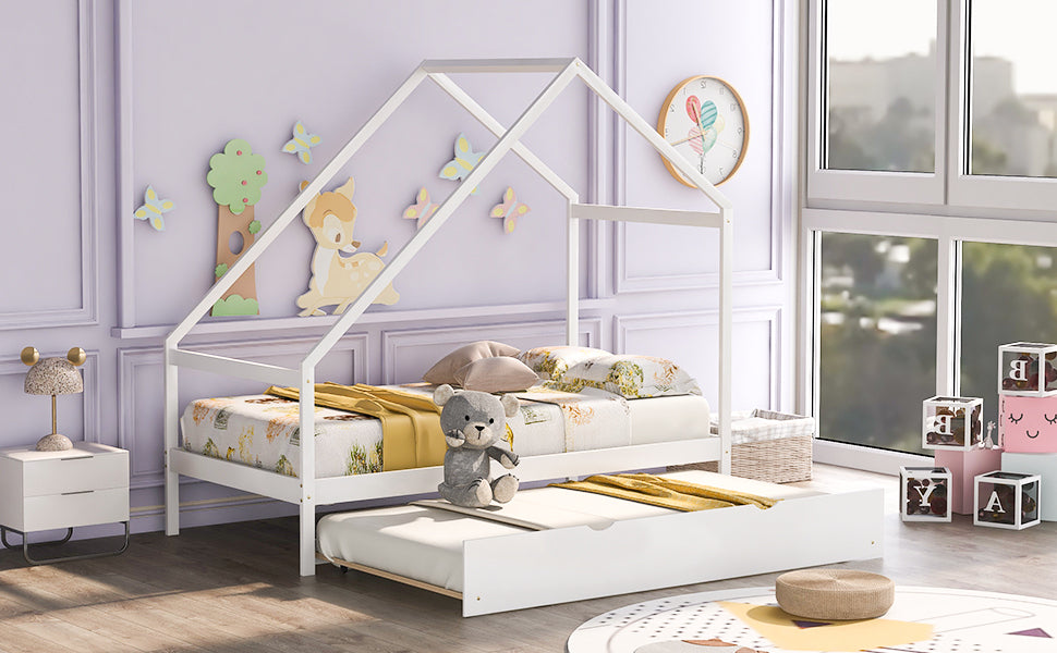 Twin Size Wooden House Bed With Twin Size Trundle, White - Atlantic Fine Furniture Melbourne FL