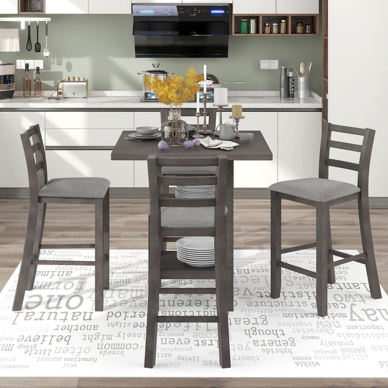 5 Piece Wooden Counter Height Dining Set With Padded Chairs, Storage Shelving