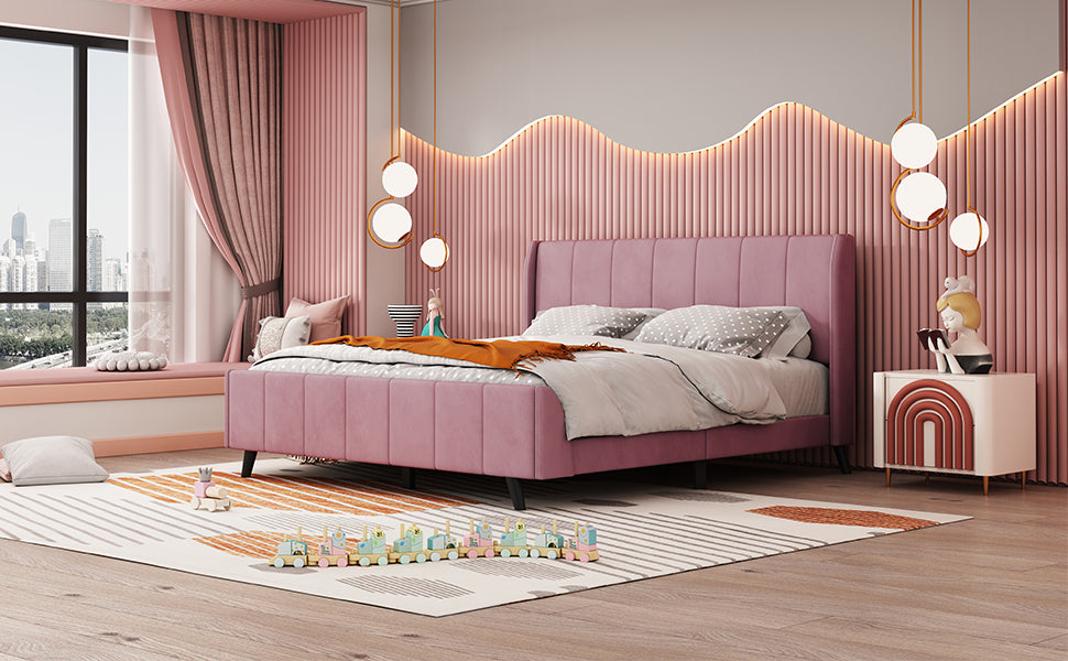 Queen Size Upholstered Platform Bed, Velvet, Pink - Atlantic Fine Furniture Melbourne FL