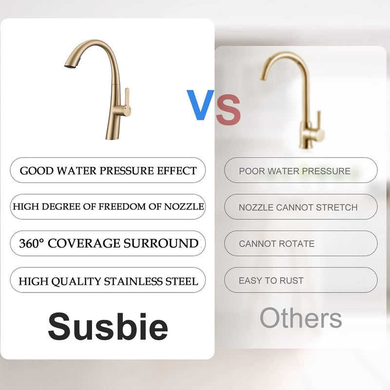 Elegant Single Handle Stainless Steel Pull Out Kitchen Faucet With High Arch Spout - Brushed Gold