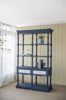 4 Tiered Wooden Shelf With Two Drawers, Farmhouse Wood Bookcase Display Storage Shelf Etageres - Antique Navy Blue