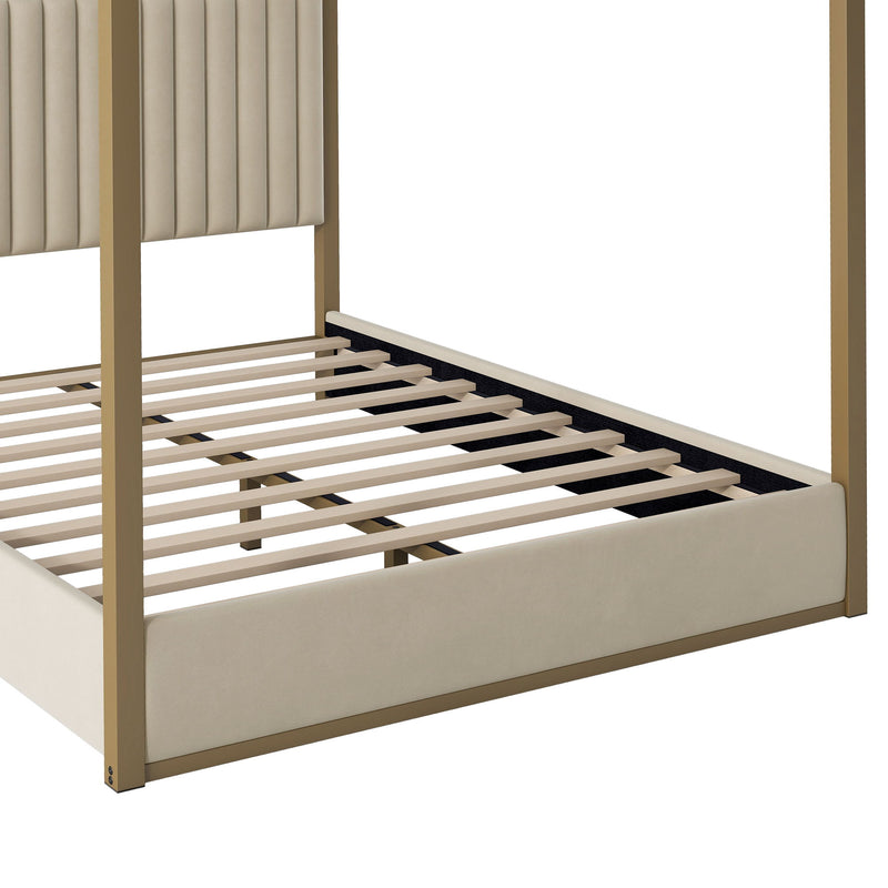 Upholstered Canopy Platform Bed With Frame, Queen Size - Beige