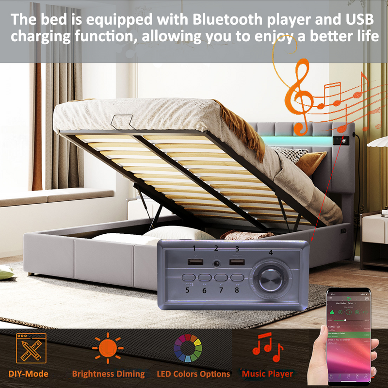 Upholstered Bed Queen Size with LED light, Bluetooth Player and USB Charging, Hydraulic Storage Bed in Gray Velvet Fabric