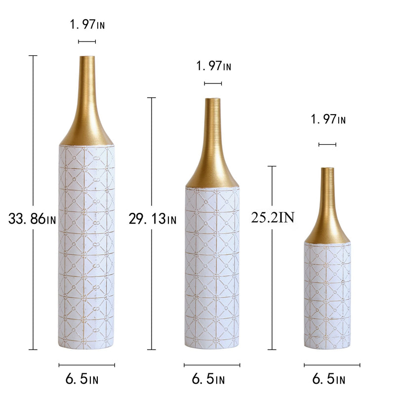 Floor Metal Vases Decorated White Metal Vases (Set of 3) Gorgeous Home Decoration Large Glazed Metal Vases - White / Gold
