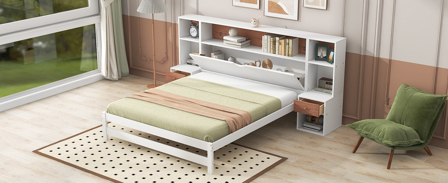 Full Size Platform Bed with Storage Headboard and Drawers, White - Atlantic Fine Furniture Melbourne FL