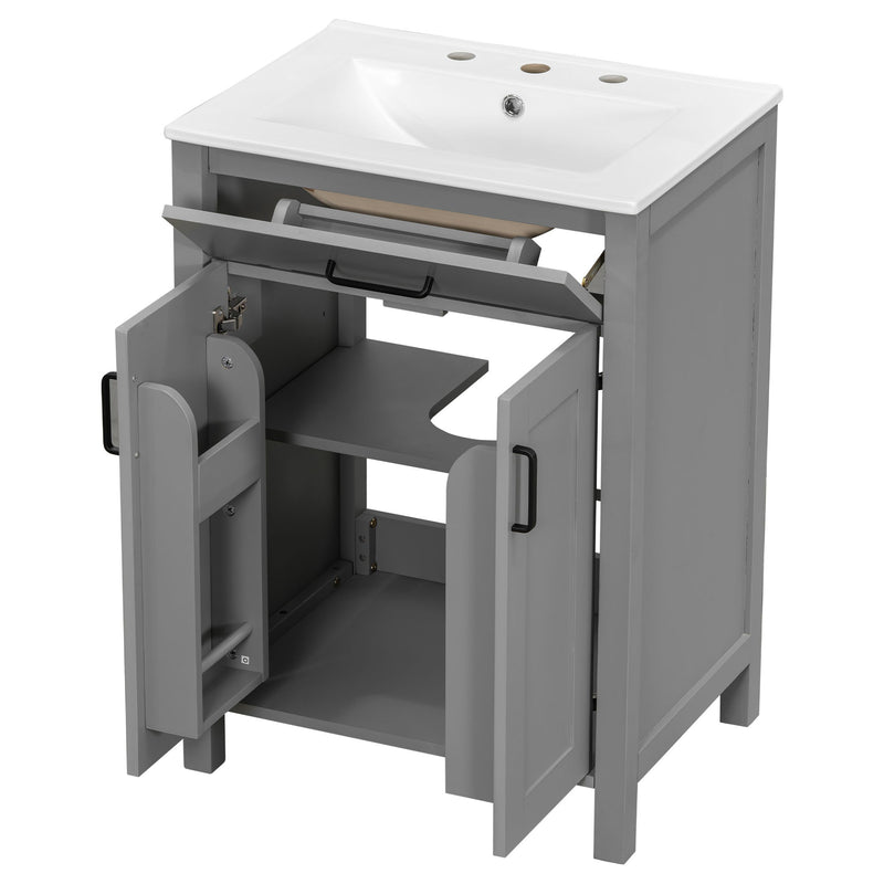 Bathroom Vanity With Ceramic Sink, Soft Close Doors, Flip Drawer, Double Layer Door Shelves