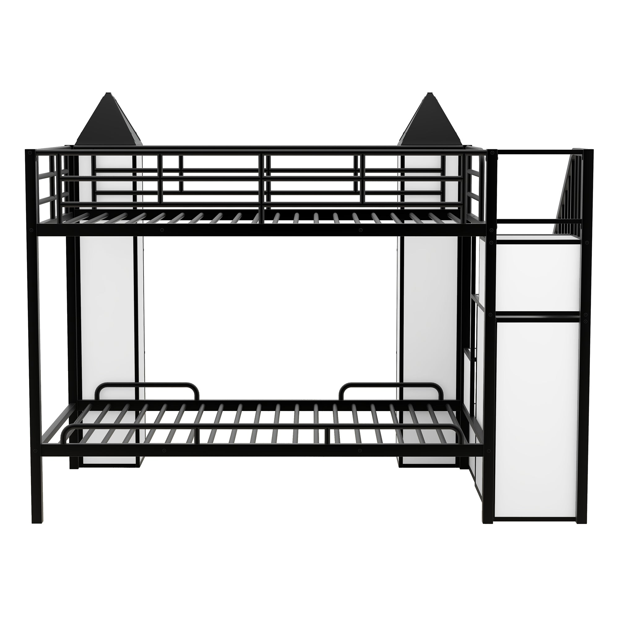 Metal Twin over Twin Castle-shaped Bunk Bed with Wardrobe and Multiple Storage, Black+White - Atlantic Fine Furniture Melbourne FL