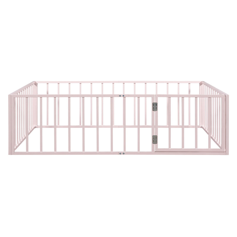 Metal Floor Bed Frame With Fence And Door - Black