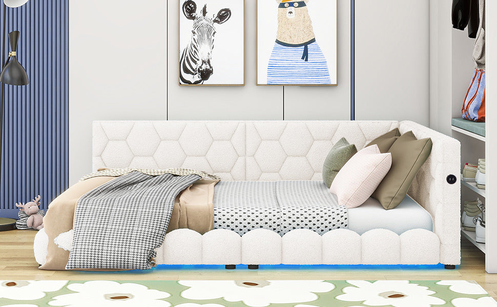 Upholstered Full Size platform bed with USB Ports and LED belt, White - Atlantic Fine Furniture Melbourne FL