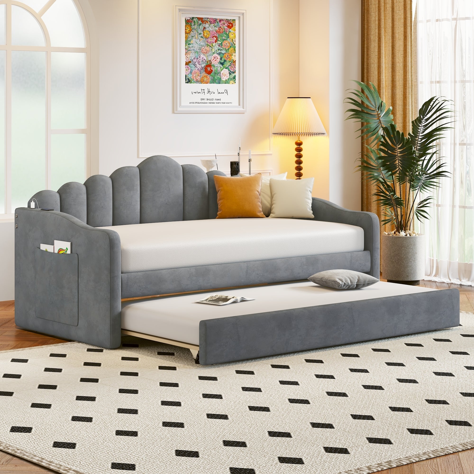 Twin size Upholstered Daybed with Trundle ,Velvet Sofabed with USB Charging Ports,No Box-spring Needed,Gray - Atlantic Fine Furniture Melbourne FL