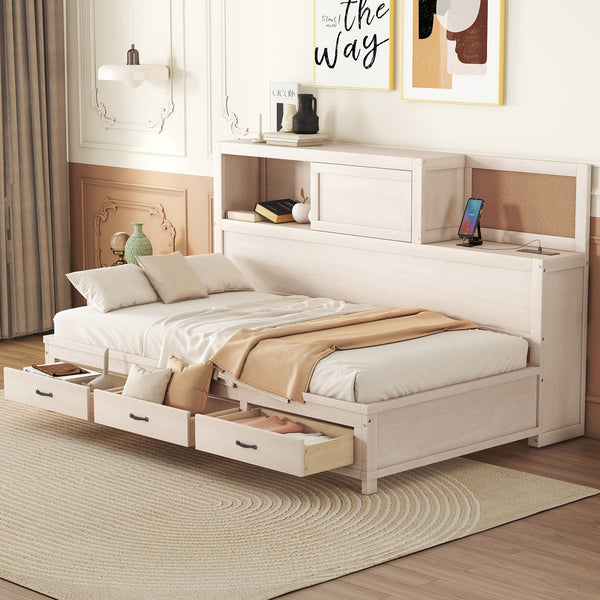 Twin Size Wooden Daybed with 3 Storage Drawers, Upper Soft Board, shelf, and a set of Sockets and USB Ports, White