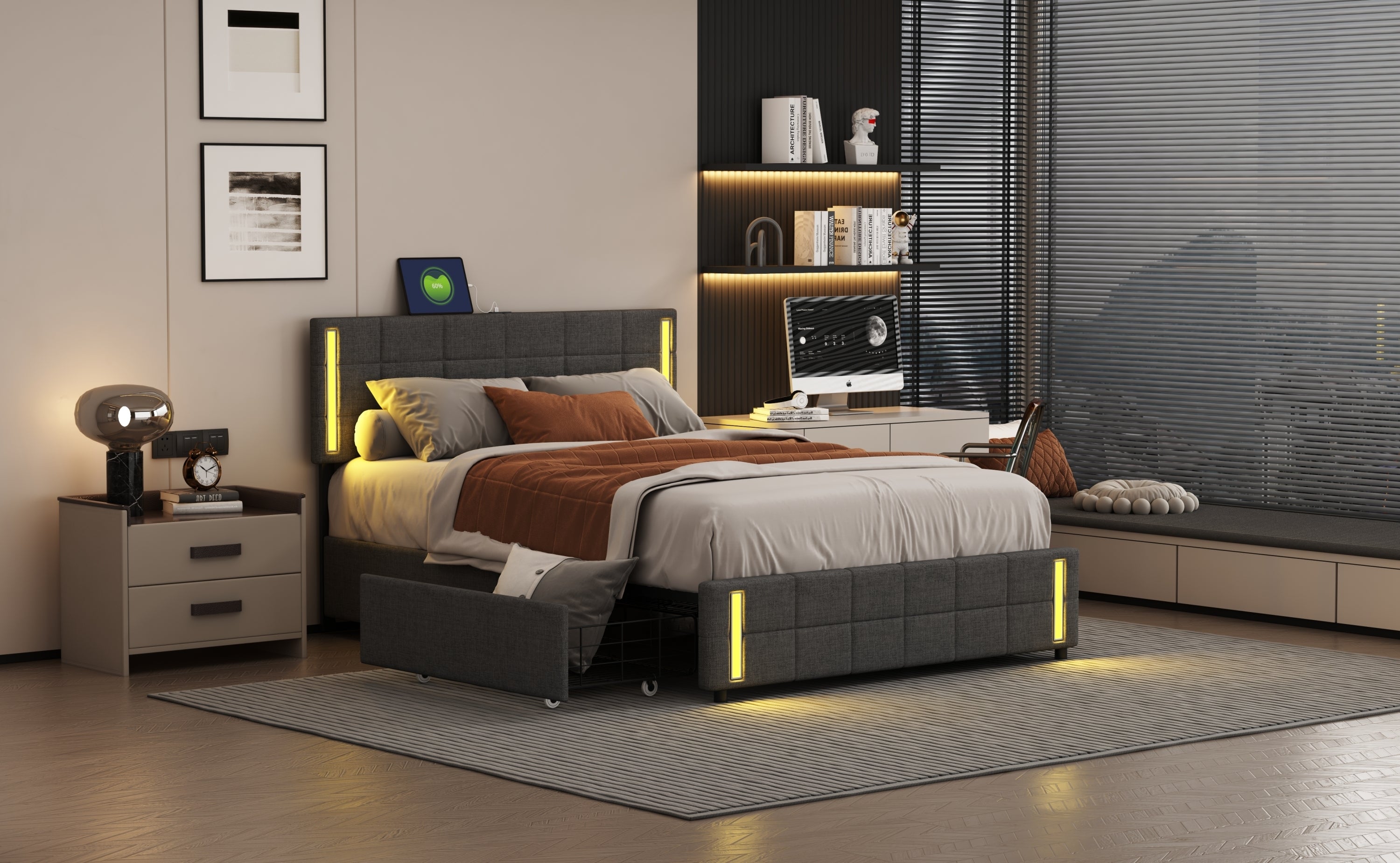 Queen Size Upholstered Platform Bed with LED Lights and USB Charging, Storage Bed with 4 Drawers, Gray(Linen) - Atlantic Fine Furniture Melbourne FL