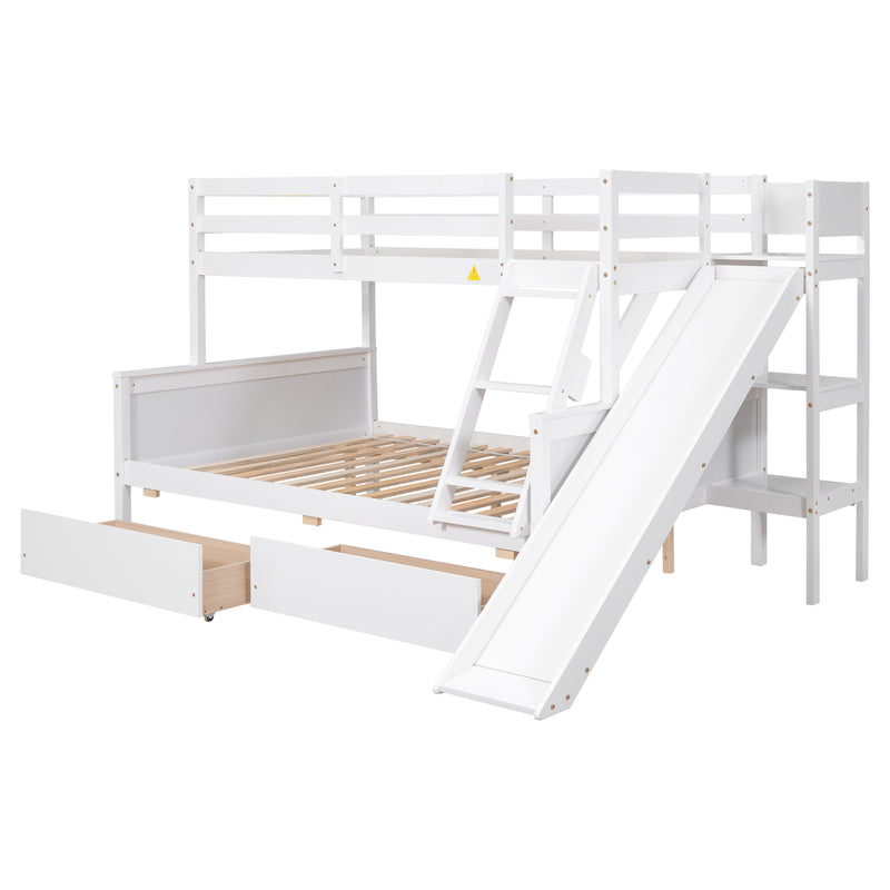 Twin over Full Bunk Bed with 2 Drawers,Slide,Shelves White