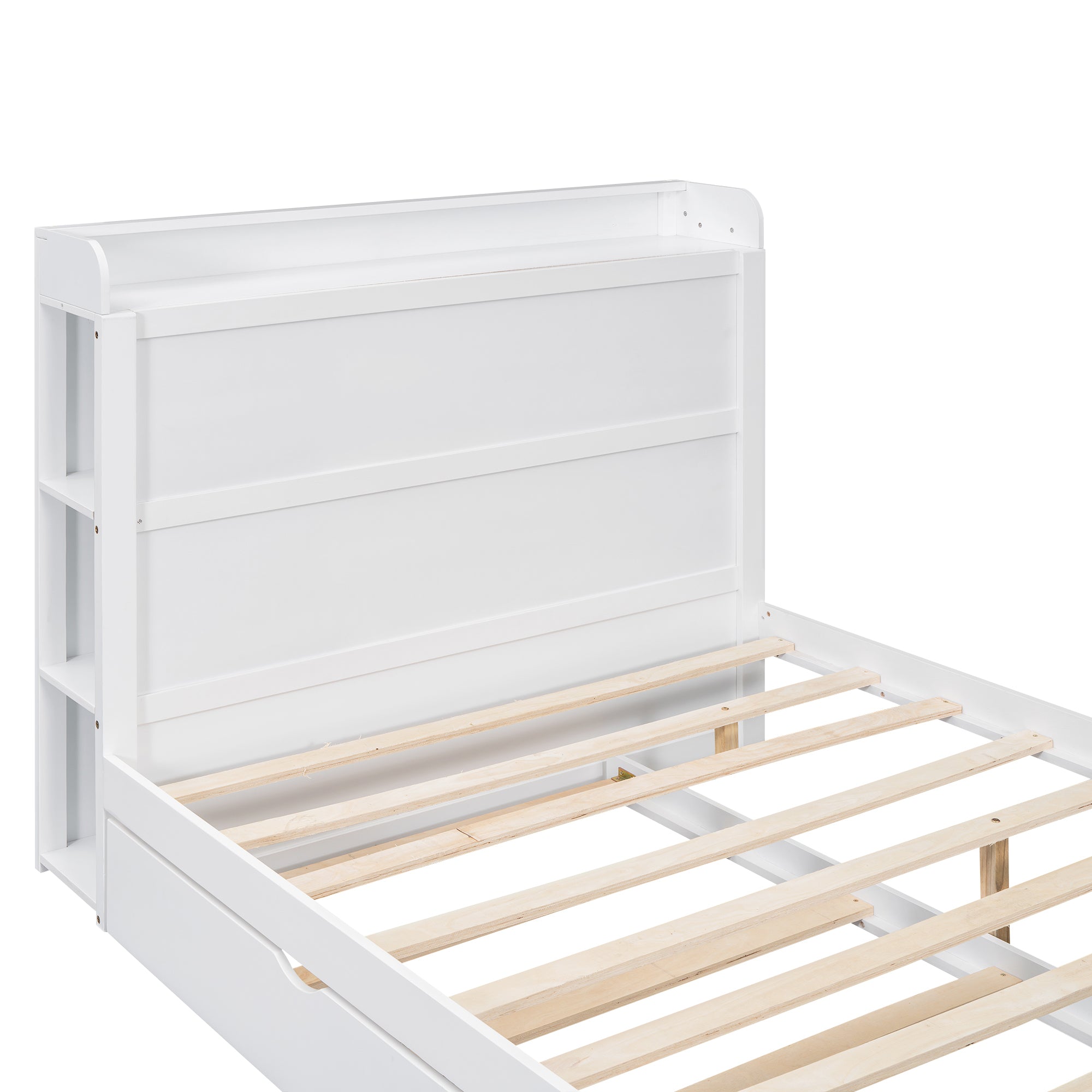 Full Size Platform Bed with Storage Headboard and Twin Size Trundle, White - Atlantic Fine Furniture Melbourne FL