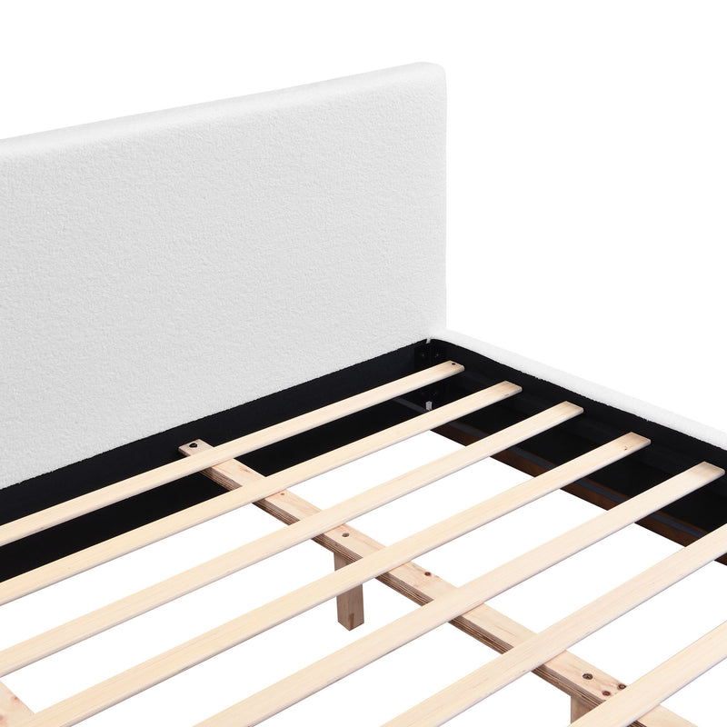 Elegant Boucle Upholstered Bed With Wood Grain Textured Solid Wood Base Frame