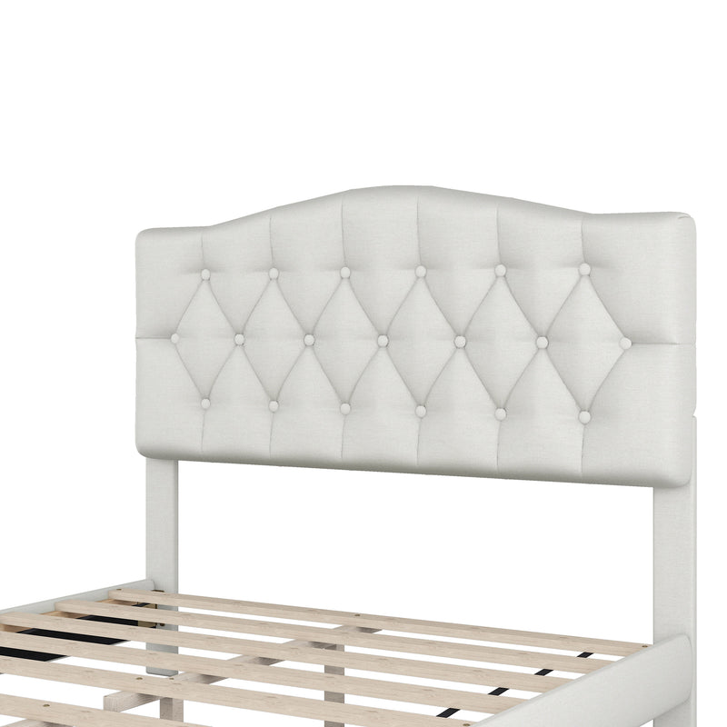 Upholstered Platform Bed with Saddle Curved Headboard and Diamond Tufted Details, Full, Beige