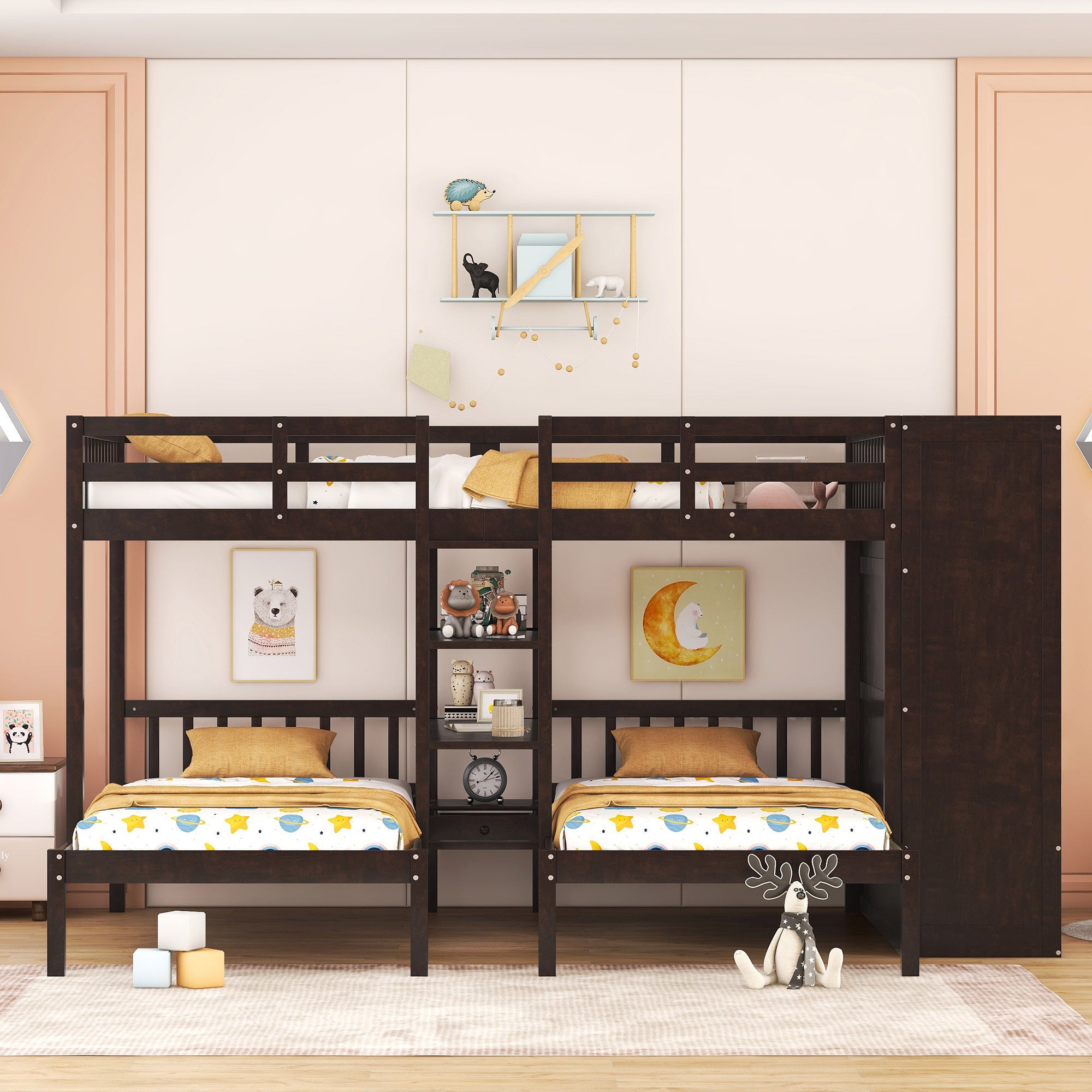 Full-Over-Twin-Twin Bunk Bed with Shelves, Wardrobe and Mirror, Espresso - Atlantic Fine Furniture Melbourne FL