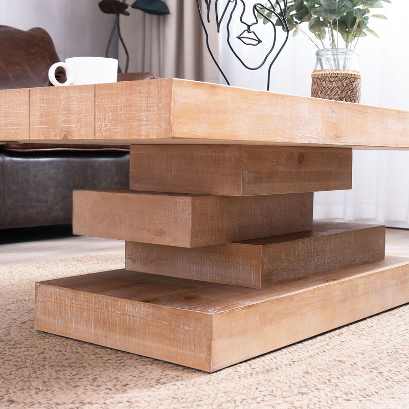 Modern Rustic Coffee Table, Rectangular Center Table For Living Room - Natural Wood Wash / Rustic
