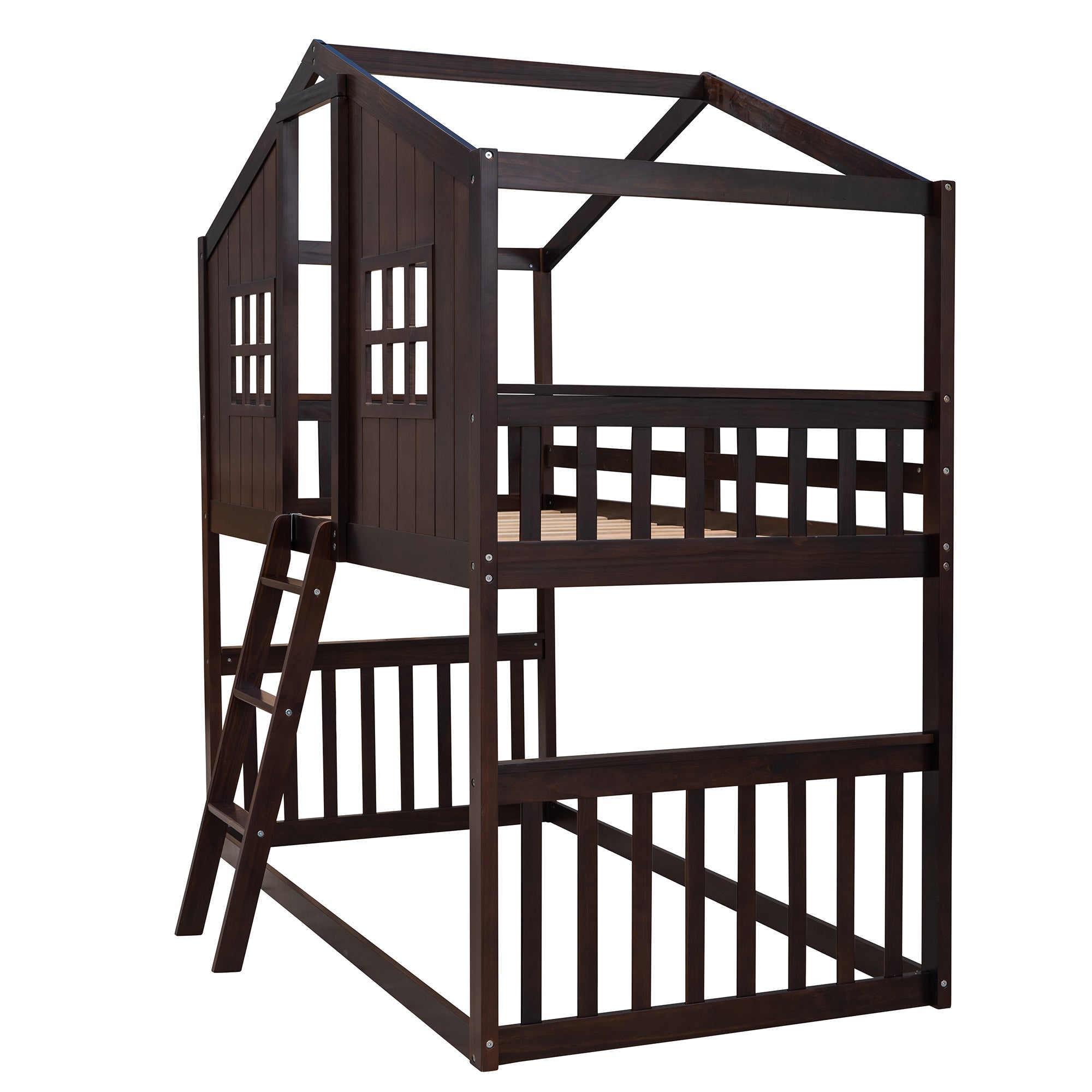 Twin Over Twin House Bunk Bed With Ladder, Wood Bed-Espresso - Atlantic Fine Furniture Melbourne FL