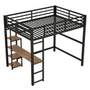 Full Size Metal Loft Bed with Built-in Desk and Storage Shelves, Black