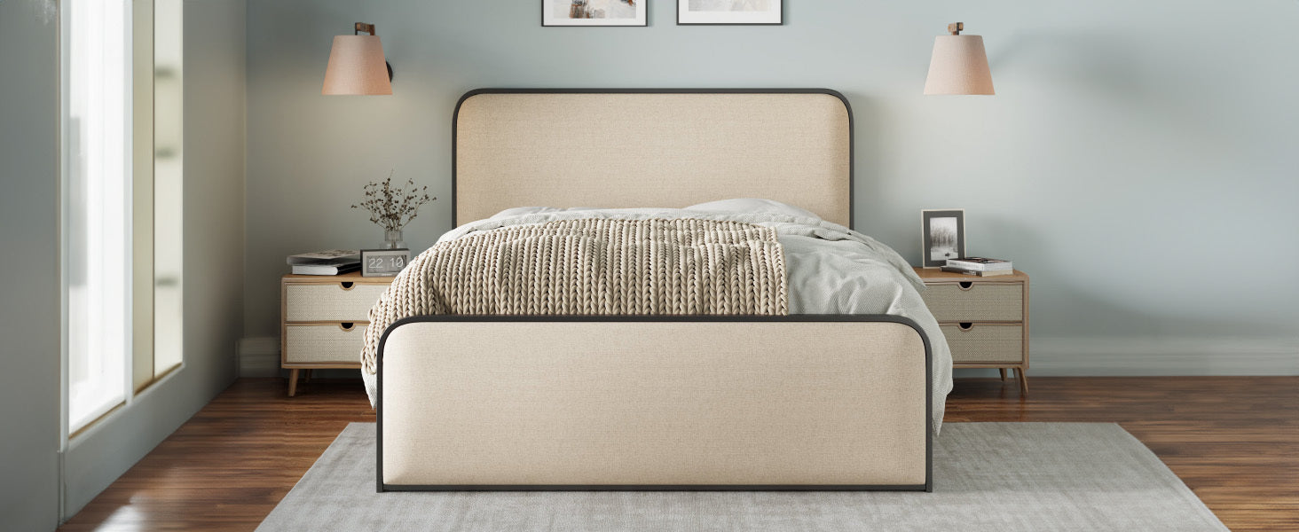 Modern Metal Bed Frame with Curved Upholstered Headboard and Footboard Bed with Under Bed Storage, Heavy Duty Metal Slats, Full Size, Beige - Atlantic Fine Furniture Melbourne FL
