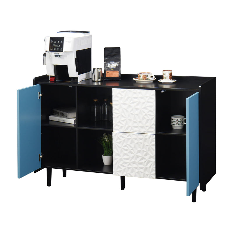 Modern Sideboard Buffet Cabinet With Red Doors And Unique Panel Styling