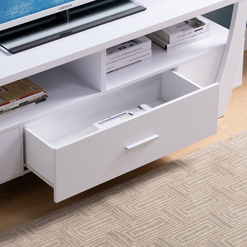 TV Stand With Two Shelves, One Drawer, And Side Shelf Modern Entertainment Center For Media Storage - White