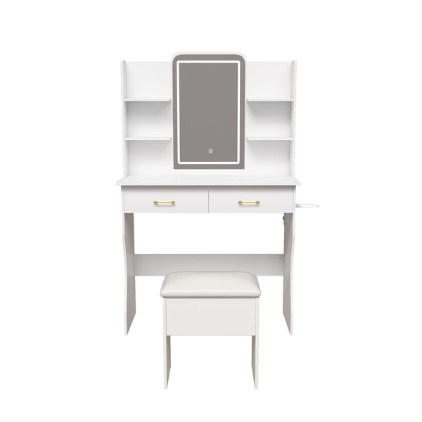 Vanity Desk With LED Lights Mirror, Power Outlet, Storage Drawers & Chair - White