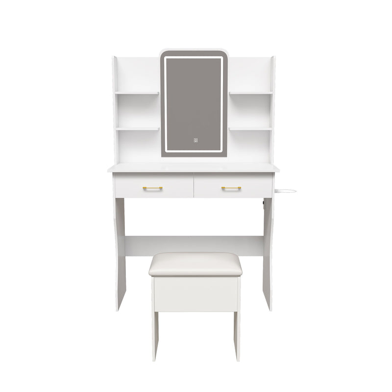 Vanity Desk With LED Lights Mirror, Power Outlet, Storage Drawers & Chair - White