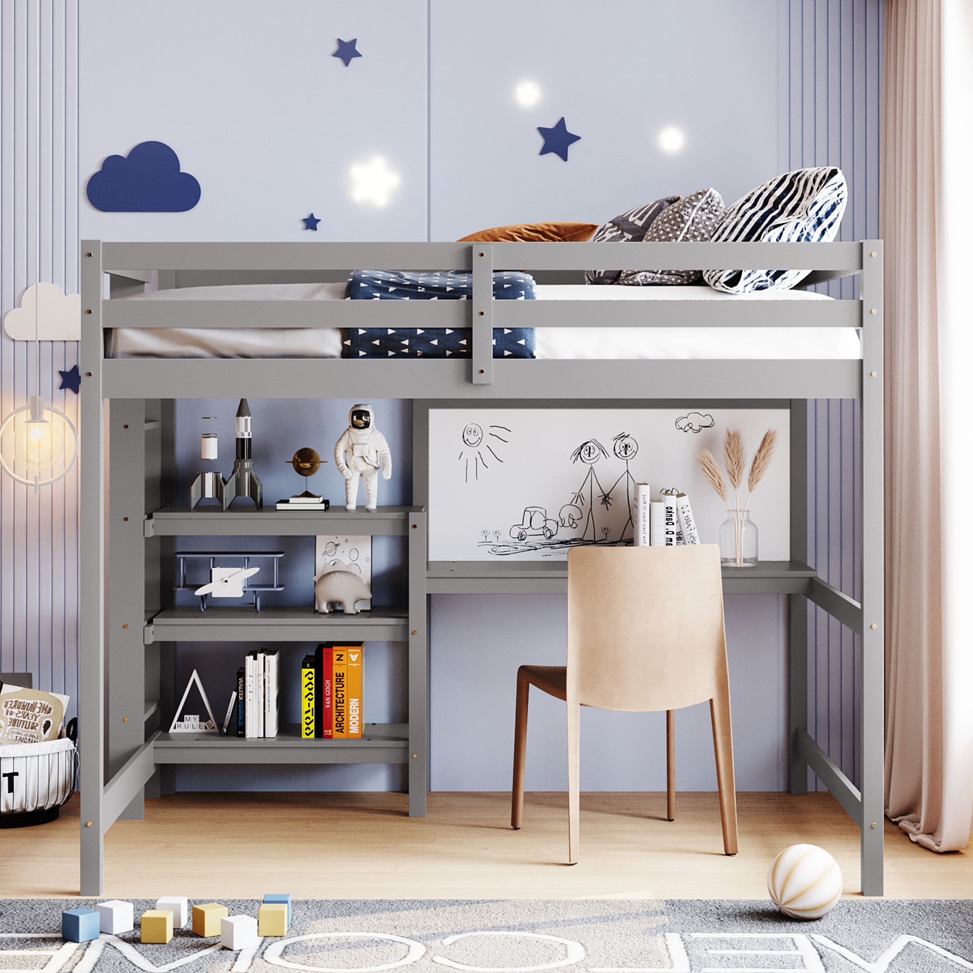 Full Size Wooden Loft Bed with Shelves, Desk and Writing Board - Gray - Atlantic Fine Furniture Melbourne FL