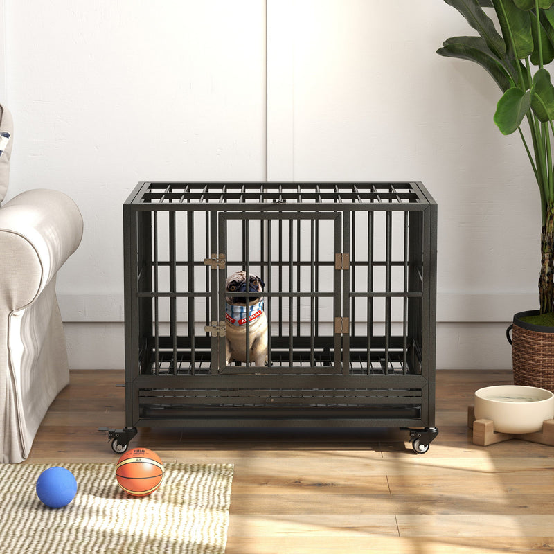 Pawhut - 36" Heavy Duty Dog Crate Metal Cage Kennel With Lockable Wheels, Double Door And Removable Tray - Gray