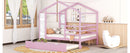 Full Size Wood House Bed with Fence and Writing Board, Pink