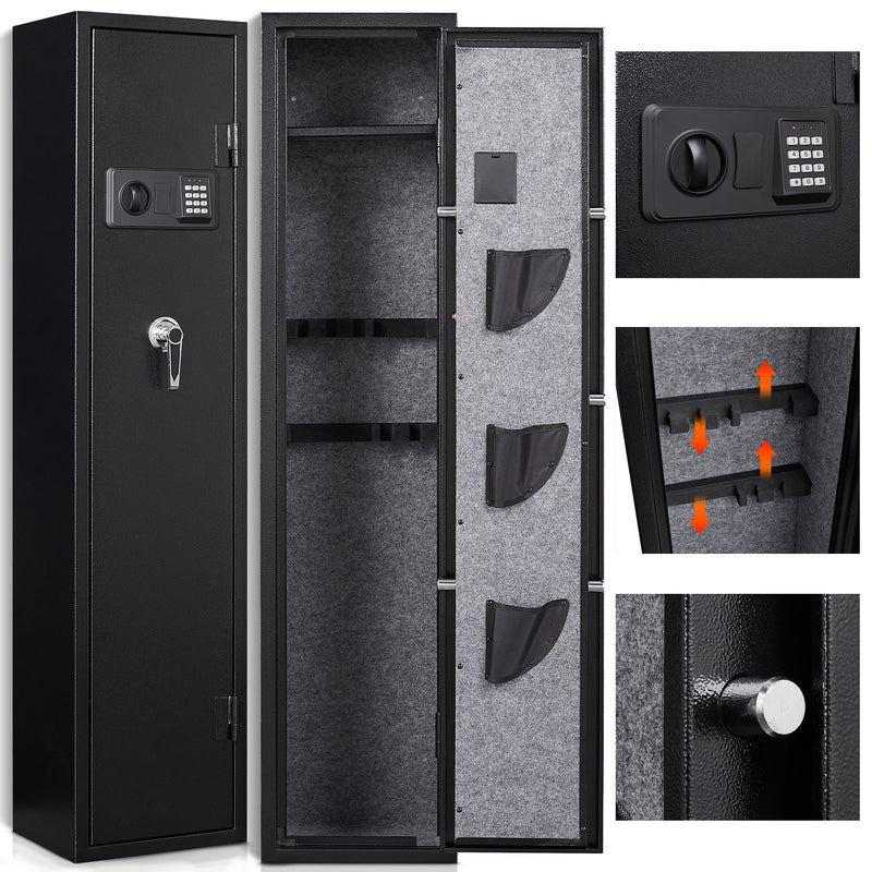 5 Gun Safe For Home Rifle And Pistols, Quick Access Electronic Keypad Rifle Gun With 3 Pistol Pockets, Build-In Cabinet, LED Light, External Battery Cases And Alarm System - Black