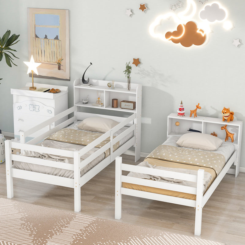 Twin Over Twin Bunk Beds with Bookcase Headboard, Solid Wood Bed Frame with Safety Rail and Ladder, Kids/Teens Bedroom, Guest Room Furniture, Can Be converted into 2 Beds, White