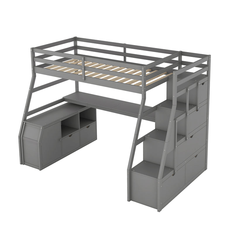Twin Size Loft Bed with 7 Drawers 2 Shelves and Desk - Gray