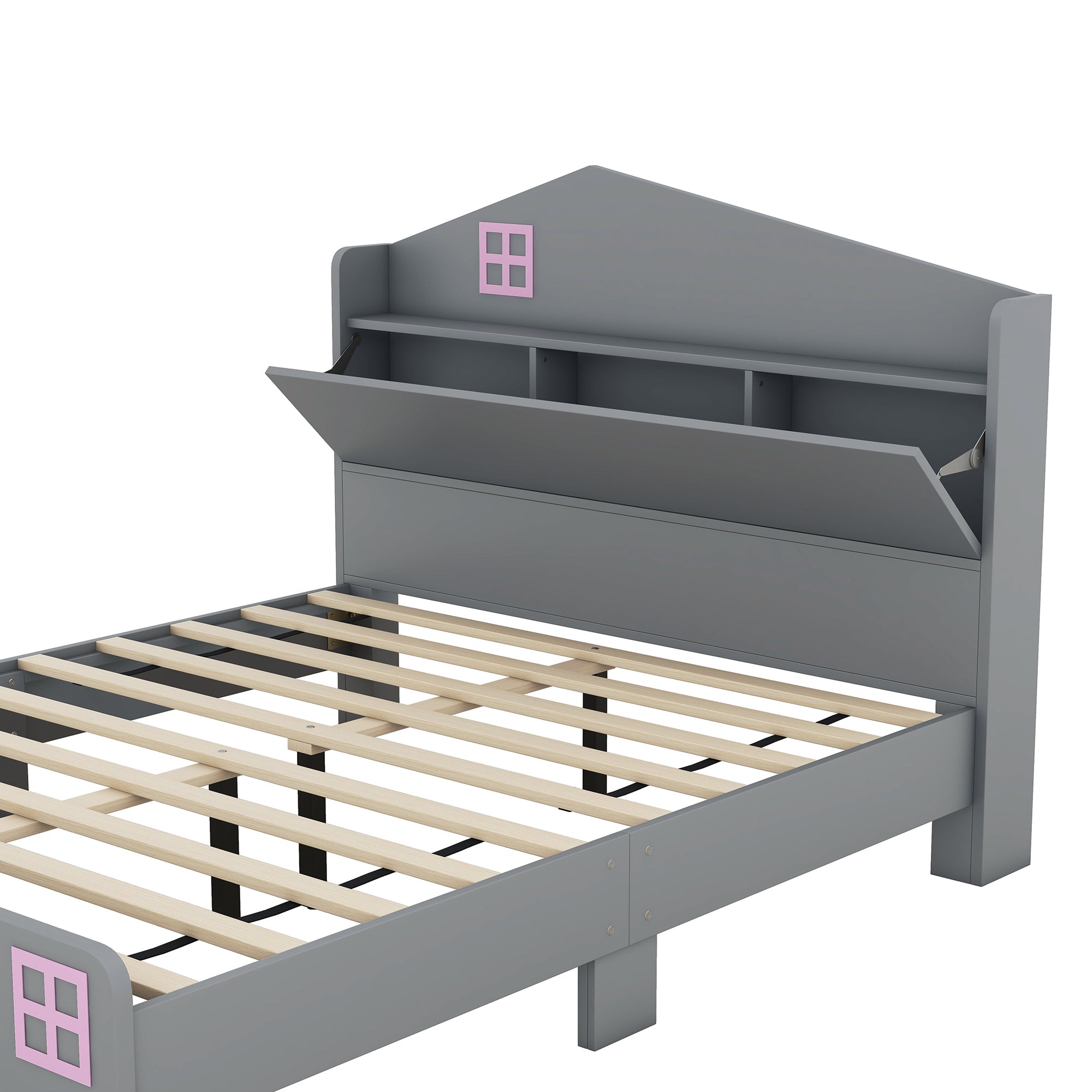 Wooden Full Size House Bed with Storage Headboard ,Kids Bed with Storage Shelf,Grey - Atlantic Fine Furniture Melbourne FL