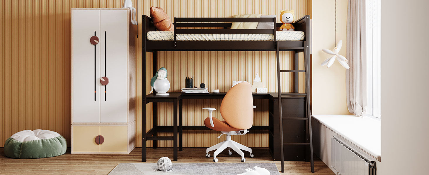 Twin size Loft Bed with Shelves and Desk, Wooden Loft Bed with Desk - Espresso(OLD SKU:LT000537AAP) - Atlantic Fine Furniture Melbourne FL