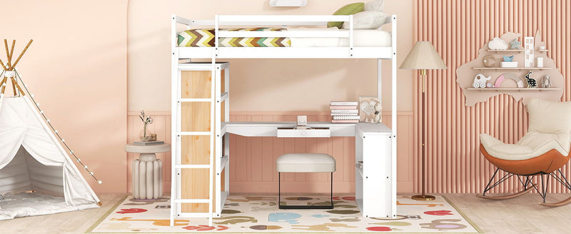 Loft Bed With Ladder, Shelves, And Desk