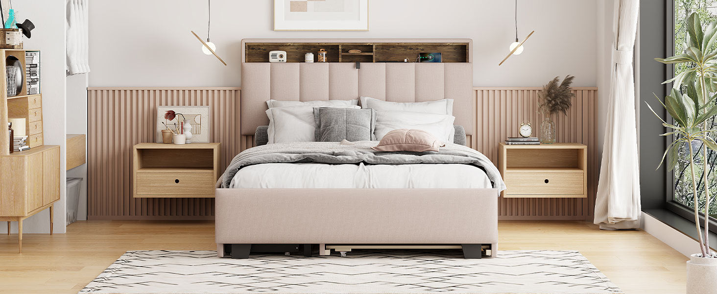 Full size Upholstered Platform Bed with Storage Headboard, Twin Size Trundle & 2 drawers and a set of Sockets & USB Ports, Linen Fabric, Beige - Atlantic Fine Furniture Melbourne FL