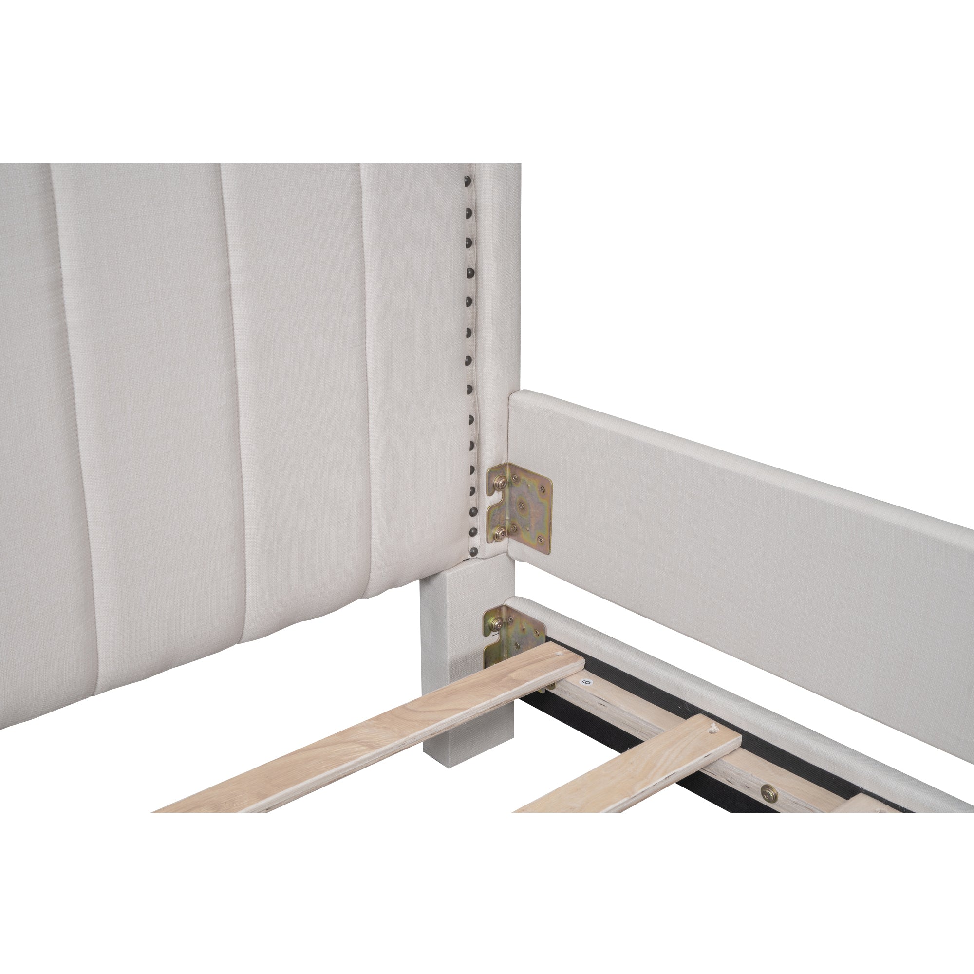 Twin Size Upholstered Platform Bed with Nailhead Trim Decoration and Guardrail, Beige - Atlantic Fine Furniture Melbourne FL