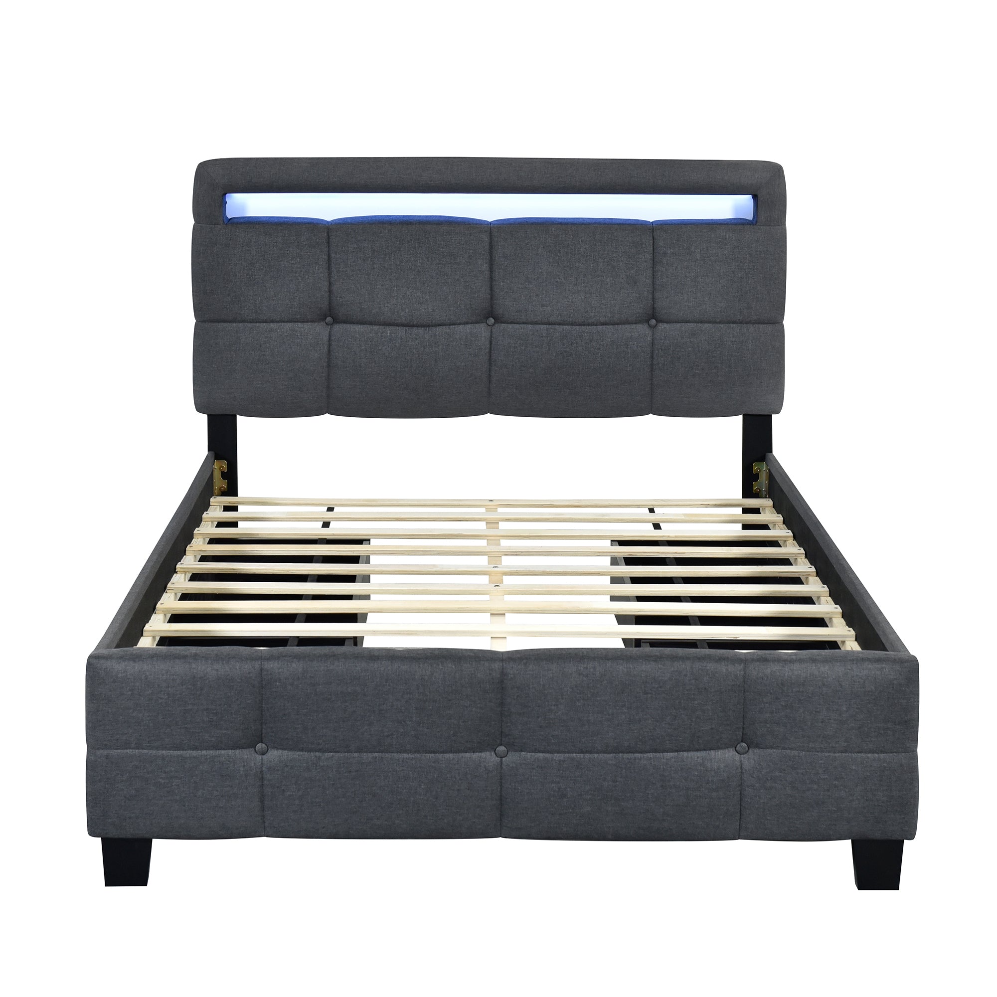 Full Size Upholstered Platform Bed with LED Frame and 4 Drawers, Linen Fabric, Gray - Atlantic Fine Furniture Melbourne FL