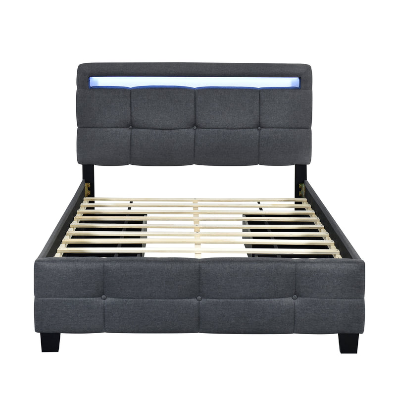 Full Size Upholstered Platform Bed with LED Frame and 4 Drawers, Linen Fabric, Gray