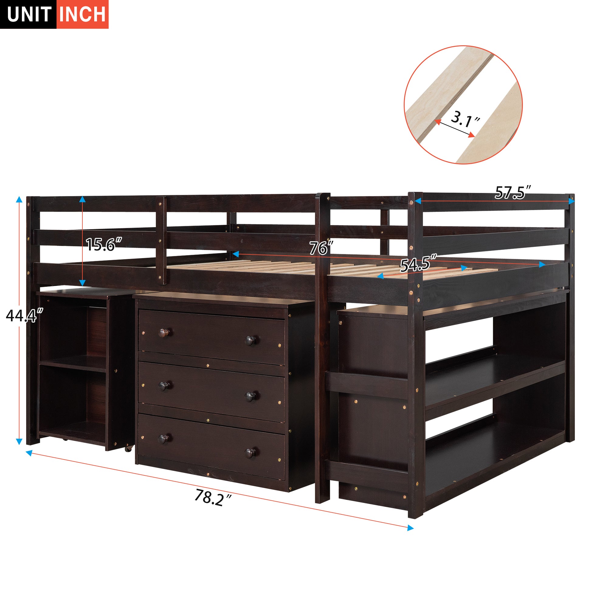 Low Study Full Loft Bed with Cabinet ,Shelves and Rolling Portable Desk ,Multiple Functions Bed- Espresso - Atlantic Fine Furniture Melbourne FL