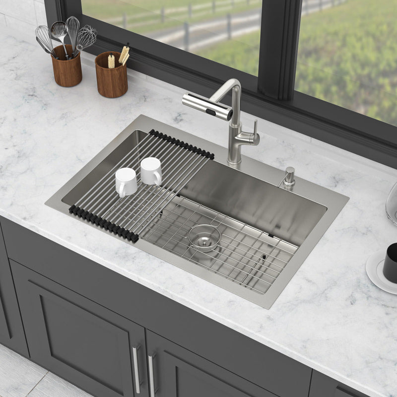 30" Single Bowl Drop In Kitchen Sink With Pull Out Faucet And Soap Dispenser - Brushed Nickel