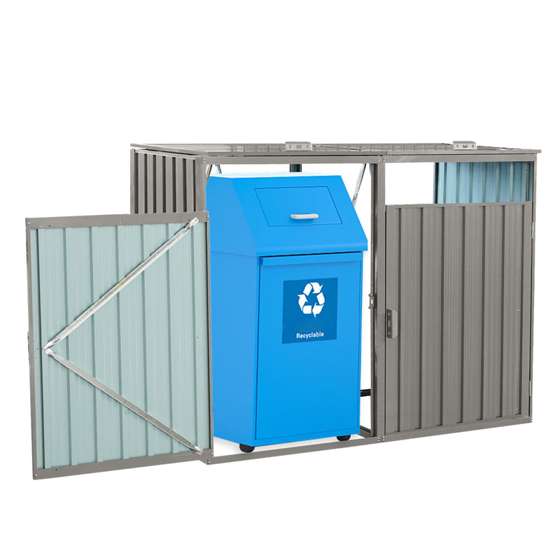 Garbage Bin Shed Stores 2 Trash Cans Metal Outdoor Bin Shed For Garbage Storage, Stainless Galvanized Steel, Bin Shed For Garden Yard Lawn