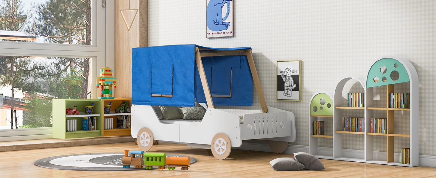 Twin Size Car Shaped Bed with Tents,White+Natural - Atlantic Fine Furniture Melbourne FL