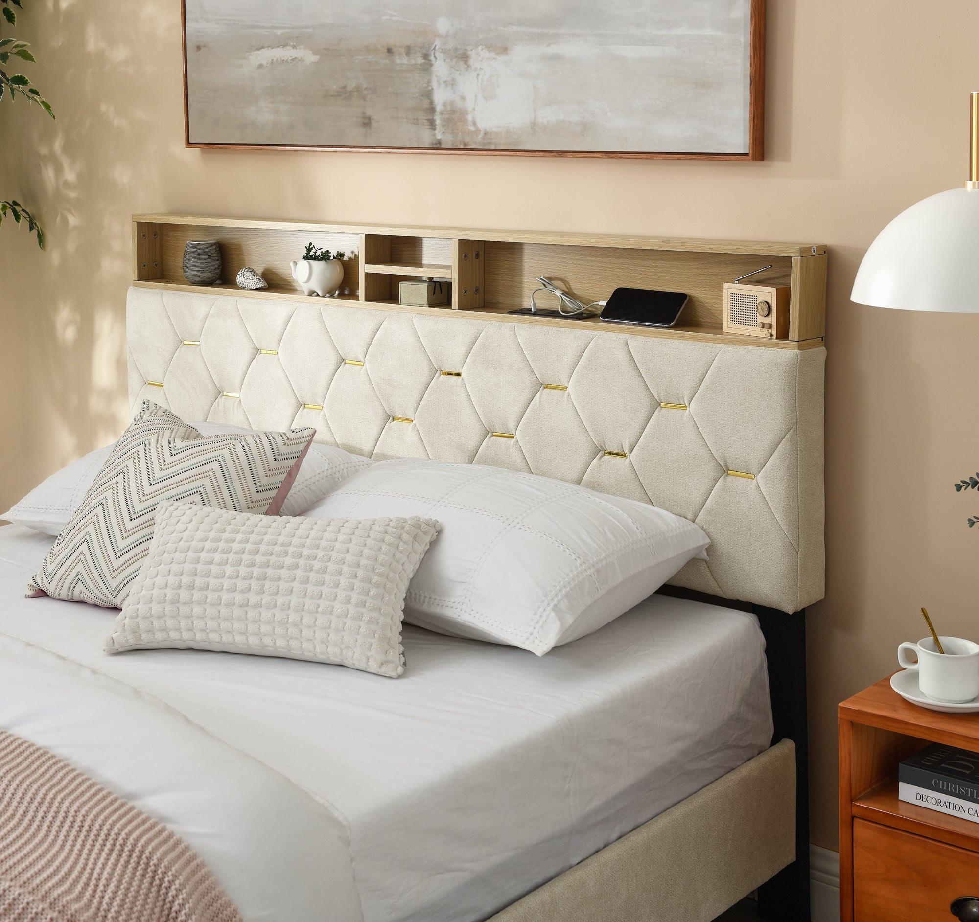 Queen Size Bed Frame, Shelf Upholstered Headboard, Platform Bed with Outlet & USB Ports, Wood Legs, No Box Spring Needed, Easy Assembly, Beige - Atlantic Fine Furniture Melbourne FL